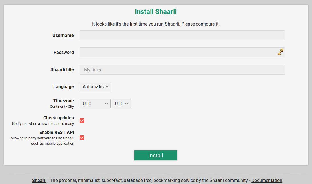 Shaarli installation page